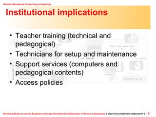 Institutional implications Teacher training (technical and pedagogical) Technicians for setup and maintenance Support services (computers and pedagogical contents) Access policies 