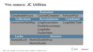 Что нового: JC Utilities
Executors
CompletableFuture CountedCompleter ForkJoinPool
Collections Accumulators Combined
ConcurrentHashMap LongAccumulator LongAdderTable
DoubleAccumulator
LongAdder
DoubleAdder
Locks Atomics
StampedLock AtomicDoubleArray
AtomicDouble
Slide 17/60. Copyright c○ 2013, Oracle and/or its affiliates. All rights reserved.
 