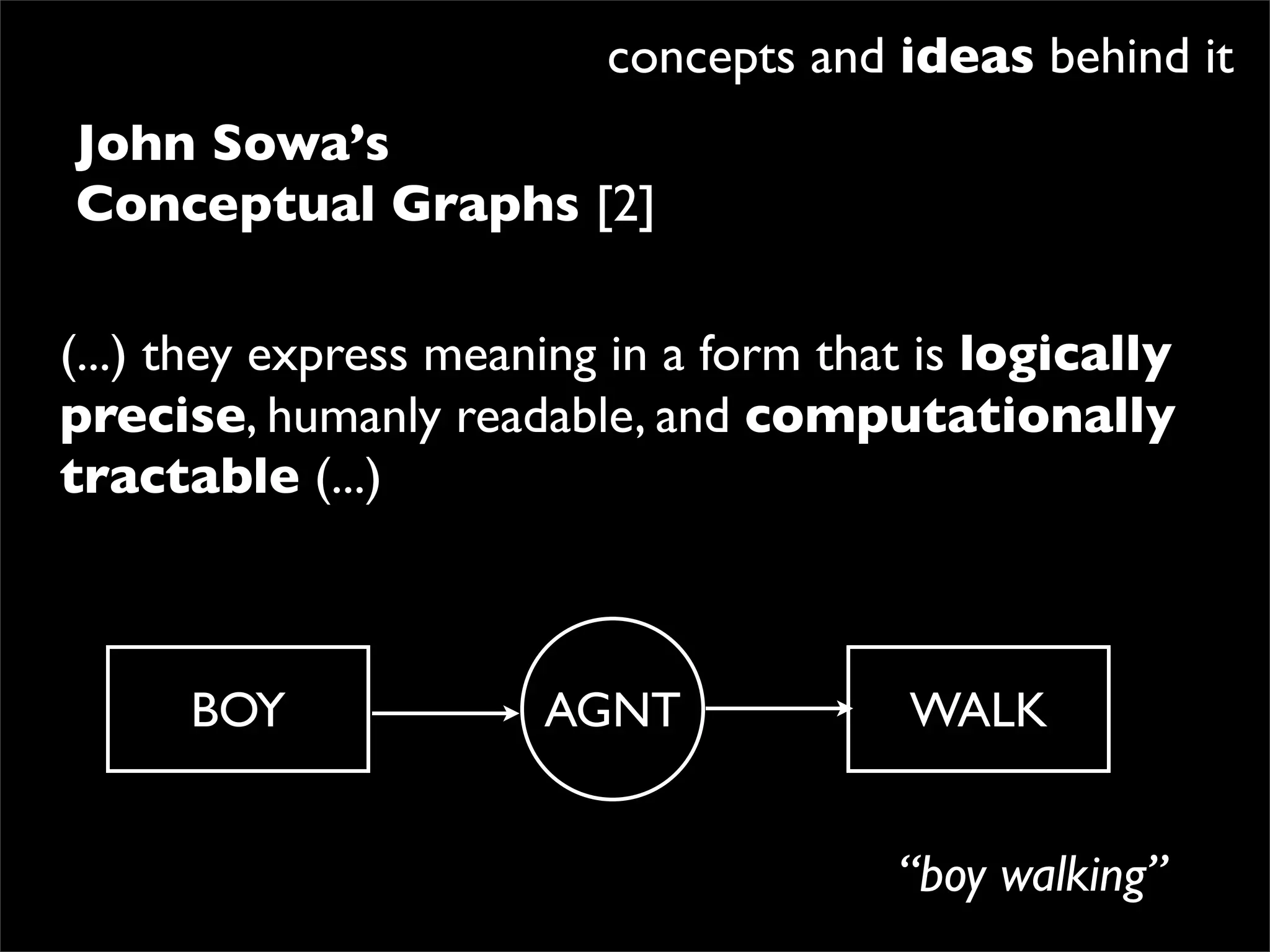 concepts and ideas behind it
John Sowa’s
Conceptual Graphs [2]

(...) they express meaning in a form that is logically
precise, humanly readable, and computationally
tractable (...)



      BOY              AGNT              WALK


                                        “boy walking”
 