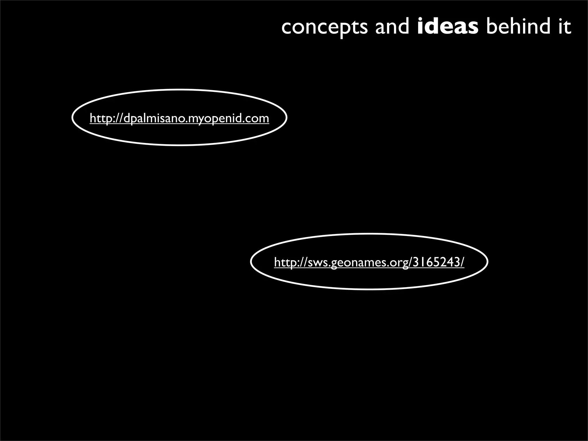 concepts and ideas behind it


http://dpalmisano.myopenid.com




                                 http://sws.geonames.org/3165243/
 