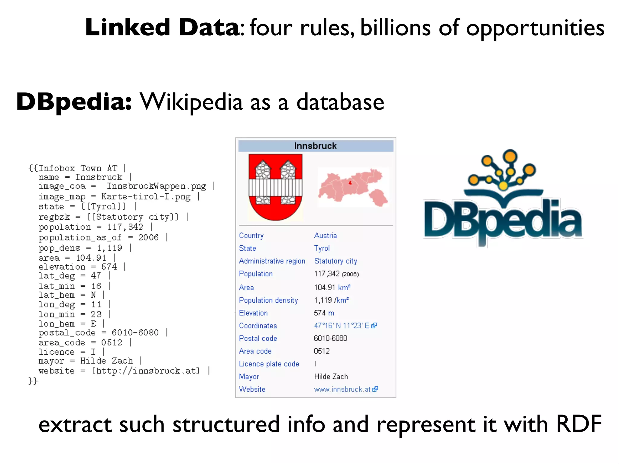 Linked Data: four rules, billions of opportunities

DBpedia: Wikipedia as a database




 extract such structured info and represent it with RDF
 