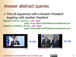 Answer abstract queries <ul><li>Find all sequences with a Russian President laughing with another President </li></ul>dbpe...