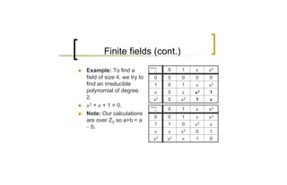 Finite fields (cont.)
                                 GF(4)
n   Example: To find a              (·)   0    1    a    a2
    field of size 4, we try to      0     0    0    0    0
    find an irreducible             1     0    1    a    a2
    polynomial of degree            a     0    a    a2   1
    2.                              a2    0    a2   1    a
n   a 2 + a + 1 = 0.             GF(4)
                                    (+)   0    1    a    a2
n   Note: Our calculations
                                    0     0    1    a    a2
    are over Z2 so a+b = a
                                    1     1    0    a2   a
    – b.
                                    a     a    a2   0    1
                                    a2    a2   a    1    0
 