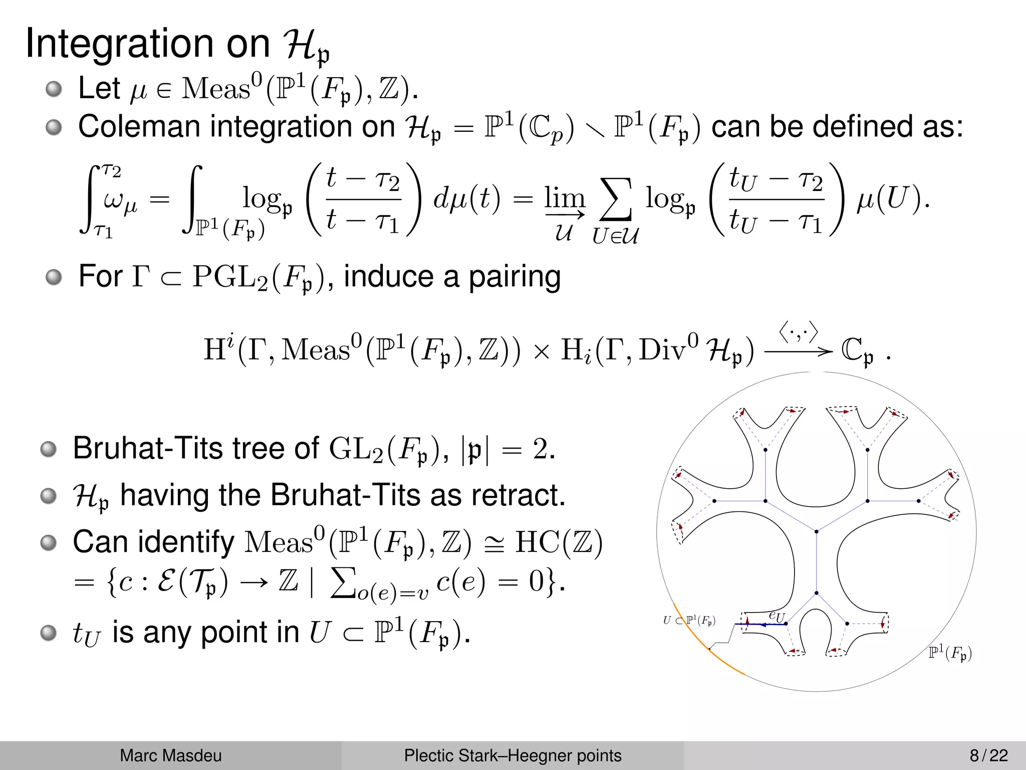 Integration on Hp
Let µ P Meas0
pP1pFpq, Zq.
Coleman integration on Hp “ P1pCpq r P1pFpq can be defined as:
ż τ2
τ1
ωµ “
ż
P1pFpq
logp
ˆ
t ´ τ2
t ´ τ1
˙
dµptq “ lim
Ý
Ñ
U
ÿ
UPU
logp
ˆ
tU ´ τ2
tU ´ τ1
˙
µpUq.
For Γ Ă PGL2pFpq, induce a pairing
Hi
pΓ, Meas0
pP1pFpq, Zqq ˆ HipΓ, Div0
Hpq
x¨,¨y
// Cp .
Bruhat-Tits tree of GL2pFpq, |p| “ 2.
Hp having the Bruhat-Tits as retract.
Can identify Meas0
pP1pFpq, Zq – HCpZq
“ tc : EpTpq Ñ Z |
ř
opeq“v cpeq “ 0u.
tU is any point in U Ă P1pFpq.
P1(Fp)
U ⊂ P1
(Fp) eU
Marc Masdeu Plectic Stark–Heegner points 8 / 22
 