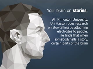 Your brain on stories.
At Princeton University,
Uri Hasson does research
on storytelling by attaching
electrodes to people...