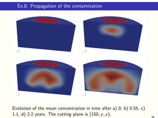 Ex.8: Propagation of the contamination
Evolution of the mean concentration in time after a) 0, b) 0.55, c)
1.1, d) 2.2 years. The cutting plane is (150, y, z). 21
 