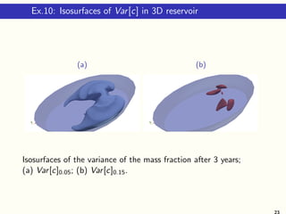 Ex.10: Isosurfaces of Var[c] in 3D reservoir
(a) (b)
Isosurfaces of the variance of the mass fraction after 3 years;
(a) Var[c]0.05; (b) Var[c]0.15.
23
 