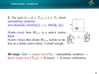 4*
Admissible condition
2. For each (t × s) ∈ TI×I , t, s ∈ TI , check
admissibility condition
min{diam(Qt), diam(Qs)} ≤ η · dist(Qt, Qs).
if(adm=true) then M|t×s is a rank-k matrix
block
if(adm=false) then divide M|t×s further or de-
ﬁne as a dense matrix block, if small enough.
Q
Qt
S
dist
H=
t
s
All steps: Grid → cluster tree (TI ) + admissibility condition →
block cluster tree (TI×I ) → H-matrix → H-matrix arithmetics.
14
 
