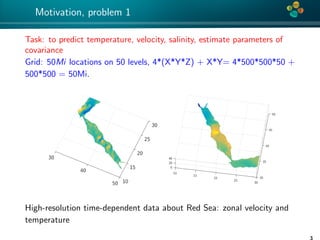 4*
Motivation, problem 1
Task: to predict temperature, velocity, salinity, estimate parameters of
covariance
Grid: 50Mi locations on 50 levels, 4*(X*Y*Z) + X*Y= 4*500*500*50 +
500*500 = 50Mi.
High-resolution time-dependent data about Red Sea: zonal velocity and
temperature
3
 
