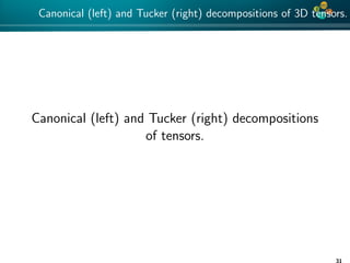 4*
Canonical (left) and Tucker (right) decompositions of 3D tensors.
Canonical (left) and Tucker (right) decompositions
of tensors.
31
 