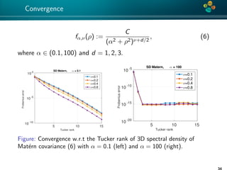 4*
Convergence
fα,ν(ρ) :=
C
(α2 + ρ2)ν+d/2
, (6)
where α ∈ (0.1, 100) and d = 1, 2, 3.
Tucker rank
5 10 15
Frobeniuserror
10 -10
10 -5
10 0 SD Matern, α = 0.1
ν=0.1
ν=0.2
ν=0.4
ν=0.8
Tucker rank
5 10 15
Frobeniuserror
10 -20
10 -15
10 -10
10 -5 SD Matern, α = 100
ν=0.1
ν=0.2
ν=0.4
ν=0.8
Figure: Convergence w.r.t the Tucker rank of 3D spectral density of
Mat´ern covariance (6) with α = 0.1 (left) and α = 100 (right).
34
 