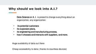 Why should we look into A.I.?
Data Science or A.I. is poised to change everything about an
organization, any organization:...
