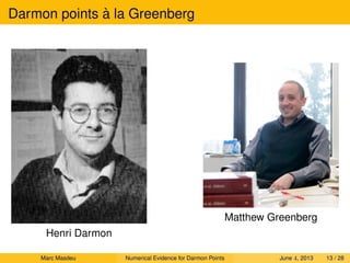 Darmon points `a la Greenberg
Henri Darmon
Matthew Greenberg
Marc Masdeu Numerical Evidence for Darmon Points June 4, 2013 13 / 28
 