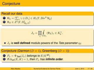 Conjecture
Recall our data
1 Θψ = [ γ γ ⊗Dγ] ∈ H1(Γ, Div0
Hp)
2 ΦE ∈ Z1(Γ, Ω1
Hp,Z)
Jψ =
γ
×
Dγ
(ΦE)γ ∈ K×
p .
Jψ is well deﬁned modulo powers of the Tate parameter qE
Conjecture (Darmon (D = 1), Greenberg (D  1))
1 Pψ = ΨTate(Jψ) belongs to E(Kab)
2 If rkan(E, K) = 1, then Pψ has inﬁnite order.
Marc Masdeu Numerical Evidence for Darmon Points June 4, 2013 17 / 28
 