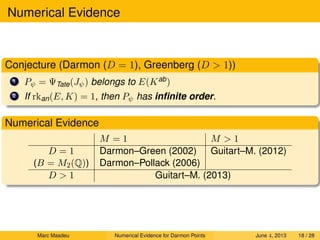 Numerical Evidence
Conjecture (Darmon (D = 1), Greenberg (D  1))
1 Pψ = ΨTate(Jψ) belongs to E(Kab)
2 If rkan(E, K) = 1, then Pψ has inﬁnite order.
Numerical Evidence
M = 1 M  1
D = 1 Darmon–Green (2002) Guitart–M. (2012)
(B = M2(Q)) Darmon–Pollack (2006)
D  1 Guitart–M. (2013)
Marc Masdeu Numerical Evidence for Darmon Points June 4, 2013 18 / 28
 