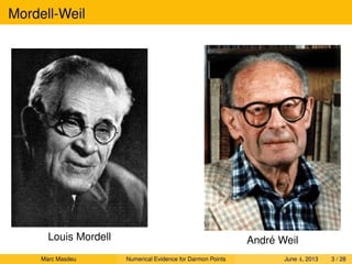 Mordell-Weil
Louis Mordell Andr´e Weil
Marc Masdeu Numerical Evidence for Darmon Points June 4, 2013 3 / 28
 