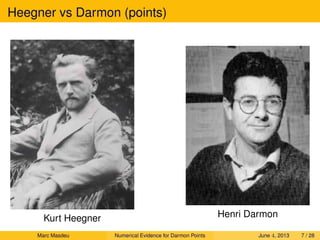 Heegner vs Darmon (points)
Kurt Heegner Henri Darmon
Marc Masdeu Numerical Evidence for Darmon Points June 4, 2013 7 / 28
 