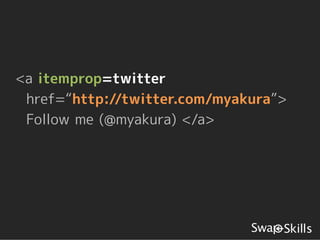 <a itemprop=twitter
 href=“http://twitter.com/myakura”>
 Follow me (@myakura) </a>
 