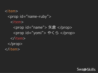 <item>
 <prop id=“name-ruby”>
   <item>
    <prop id=“name”> 矢倉 </prop>
    <prop id=“yomi”> やくら </prop>
   </item>
 </prop>
</item>
 