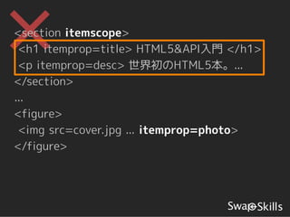 <section itemscope>
 <h1 itemprop=title> HTML5&API入門 </h1>
 <p itemprop=desc> 世界初のHTML5本。...
</section>
...
<figure>
 <img src=cover.jpg ... itemprop=photo>
</figure>
 