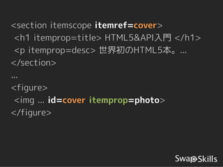 <section itemscope itemref=cover>
 <h1 itemprop=title> HTML5&API入門 </h1>
 <p itemprop=desc> 世界初のHTML5本。...
</section>
...
<figure>
 <img ... id=cover itemprop=photo>
</figure>
 