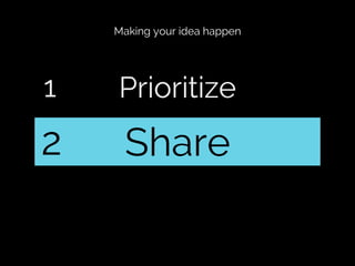 Making your idea happen

1

Prioritize

2

Share

 