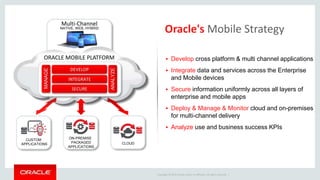 Copyright © 2015 Oracle and/or its affiliates. All rights reserved. |
Oracle's Mobile Strategy
ON-PREMISE
PACKAGED
APPLICATIONS
CUSTOM
APPLICATIONS CLOUD
Multi-Channel
NATIVE, WEB, HYBRID
SECURE
DEVELOP
INTEGRATE
ANALYZE
MANAGE
ORACLE MOBILE PLATFORM  Develop cross platform & multi channel applications
 Integrate data and services across the Enterprise
and Mobile devices
 Secure information uniformly across all layers of
enterprise and mobile apps
 Deploy & Manage & Monitor cloud and on-premises
for multi-channel delivery
 Analyze use and business success KPIs
 