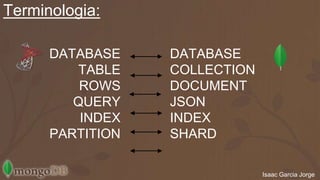 DATABASE 
TABLE 
ROWS 
QUERY 
INDEX 
PARTITION 
DATABASE 
COLLECTION 
DOCUMENT 
JSON 
INDEX 
SHARD 
Isaac Garcia Jorge 
Terminologia: 
 