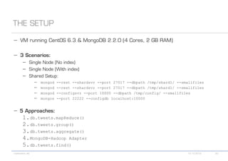 


    
    
    
           mongod   --rest --shardsvr --port 27017 --dbpath /tmp/shard1/ --smallfiles
           mongod   --rest --shardsvr --port 27017 --dbpath /tmp/shard1/ --smallfiles
           mongod   --configsvr --port 10000 --dbpath /tmp/config/ --smallfiles
           mongos   --port 22222 --configdb localhost:10000



    1. db.tweets.mapReduce()
    2. db.tweets.group()
    3. db.tweets.aggregate()
    4. MongoDB-Hadoop Adapter
    5. db.tweets.find()
 