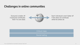 Prof. Dr. Claudia Müller-Birn | Human-Machine Collaboration | March 2017 10
Challenges in online communities
Everyone is better off  
if everyone contributes  
than if no one does
Each individual is even better off
if she does not contribute  
while the others do
Critical mass
Social loaﬁng
 
