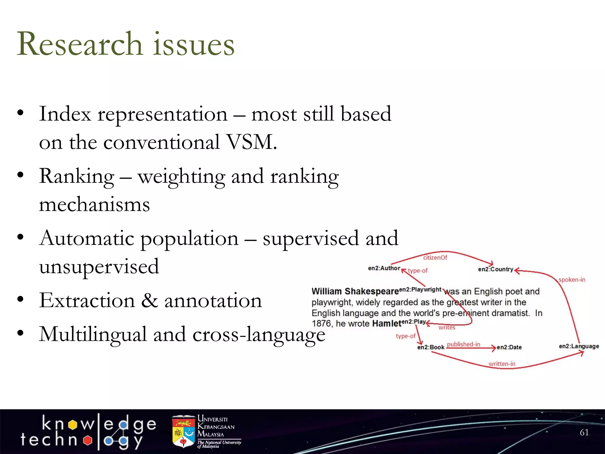 Research issues 
•Index representation –most still based on the conventional VSM. 
•Ranking –weighting and ranking mechanisms 
•Automatic population –supervised and unsupervised 
•Extraction & annotation 
•Multilingual and cross-language 
61 
 