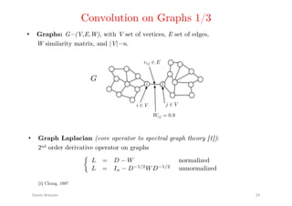 Convolution on Graphs 1/3!
•! Graphs: G=(V,E,W), with V set of vertices, E set of edges, !
W similarity matrix, and |V|=n.!
!"#$%&'(&%))*+' ,4'
i j
i 2 V j 2 V
Wij = 0.9
eij 2 E
ii
2 V
jjjjj
j
W
G
•! Graph Laplacian (core operator to spectral graph theory [1]): !
2nd order derivative operator on graphs!
⇢
L = D W normalized
L = In D 1/2
WD 1/2
unnormalized
[1] Chung, 1997'
 