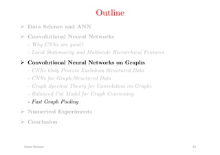 Outline!
! Data Science and ANN
! Convolutional Neural Networks
- Why CNNs are good?
- Local Stationarity and Multiscale Hierarchical FeaturesStationarity and Multiscale Hierarchical FeaturesStationarity
!
!! Convolutional Neural Networks on Graphs !
- CNNs Only Process Euclidean-Structured Data
- CNNs for Graph-Structured Data
- Graph Spectral Theory for Convolution on Graphs
- Balanced Cut Model for Graph Coarsening
- Fast Graph Pooling!
!
! Numerical Experiments
! Conclusion
!"#$%&'(&%))*+' ..'
 