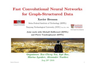 Fast Convolutional Neural Networks !
for Graph-Structured Data!
Xavier Bresson!
!"#$%&'(&%))*+' ,'
Swiss Federal Institute of Technology (EPFL) !
Joint work with Michaël De"errard (EPFL) !
and Pierre Vandergheynst (EPFL) !
!
Organizers: Xue-Cheng Tai, Egil Bae, !
Marius Lysaker, Alexander Vasiliev !!
Aug 29th 2016!
Nanyang Technological University (NTU) from Dec. 2016 !
 