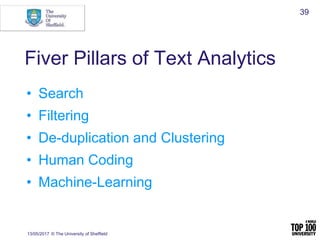 Fiver Pillars of Text Analytics
• Search
• Filtering
• De-duplication and Clustering
• Human Coding
• Machine-Learning
13/05/2017 © The University of Sheffield
39
 