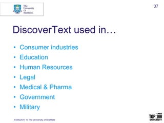 DiscoverText used in…
• Consumer industries
• Education
• Human Resources
• Legal
• Medical & Pharma
• Government
• Milita...