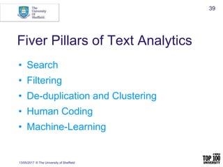 Fiver Pillars of Text Analytics
• Search
• Filtering
• De-duplication and Clustering
• Human Coding
• Machine-Learning
13/...