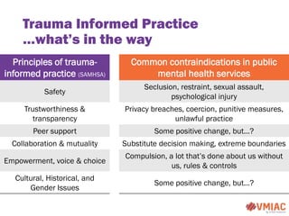 Trauma Informed Practice
…what’s in the way
Principles of trauma-
informed practice (SAMHSA)
Common contraindications in p...