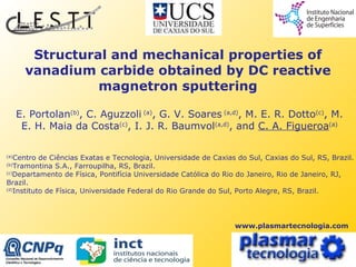 Structural and mechanical properties of vanadium carbide obtained by DC reactive magnetron sputtering E. Portolan (b) , C. Aguzzoli  (a) , G. V. Soares  (a,d) , M. E. R. Dotto (c) , M. E. H. Maia da Costa (c) ,  I. J. R. Baumvol (a,d) , and  C. A. Figueroa (a) (a) Centro de Ciências Exatas e Tecnologia, Universidade de Caxias do Sul, Caxias do Sul, RS, Brazil. (b) Tramontina S.A., Farroupilha, RS, Brazil. (c) Departamento de Física, Pontifícia Universidade Católica do Rio do Janeiro, Rio de Janeiro, RJ, Brazil. (d) Instituto de Física, Universidade Federal do Rio Grande do Sul, Porto Alegre, RS, Brazil. www.plasmartecnologia.com 