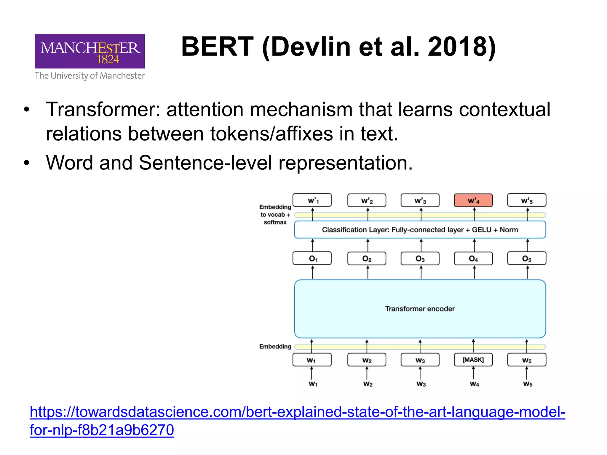 BERT (Devlin et al. 2018)
• Transformer: attention mechanism that learns contextual
relations between tokens/affixes in text.
• Word and Sentence-level representation.
https://towardsdatascience.com/bert-explained-state-of-the-art-language-model-
for-nlp-f8b21a9b6270
 
