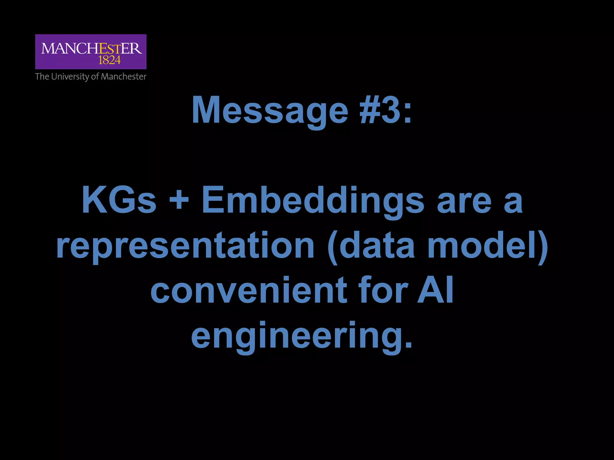 Message #3:
KGs + Embeddings are a
representation (data model)
convenient for AI
engineering.
 