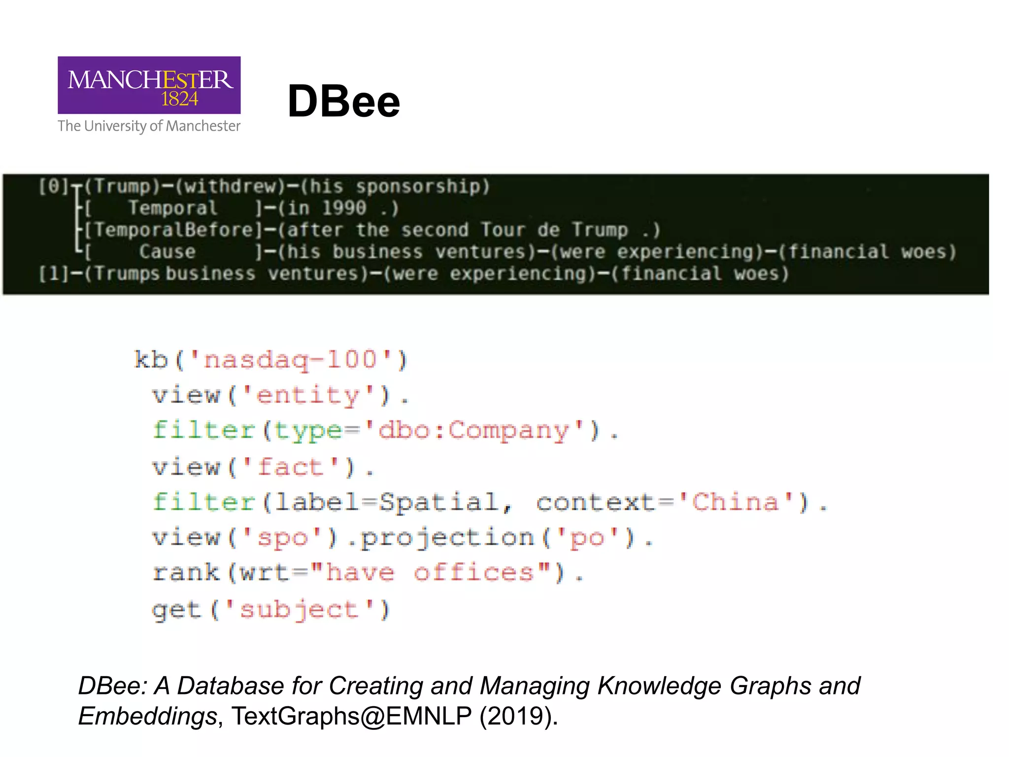 DBee
DBee: A Database for Creating and Managing Knowledge Graphs and
Embeddings, TextGraphs@EMNLP (2019).
 