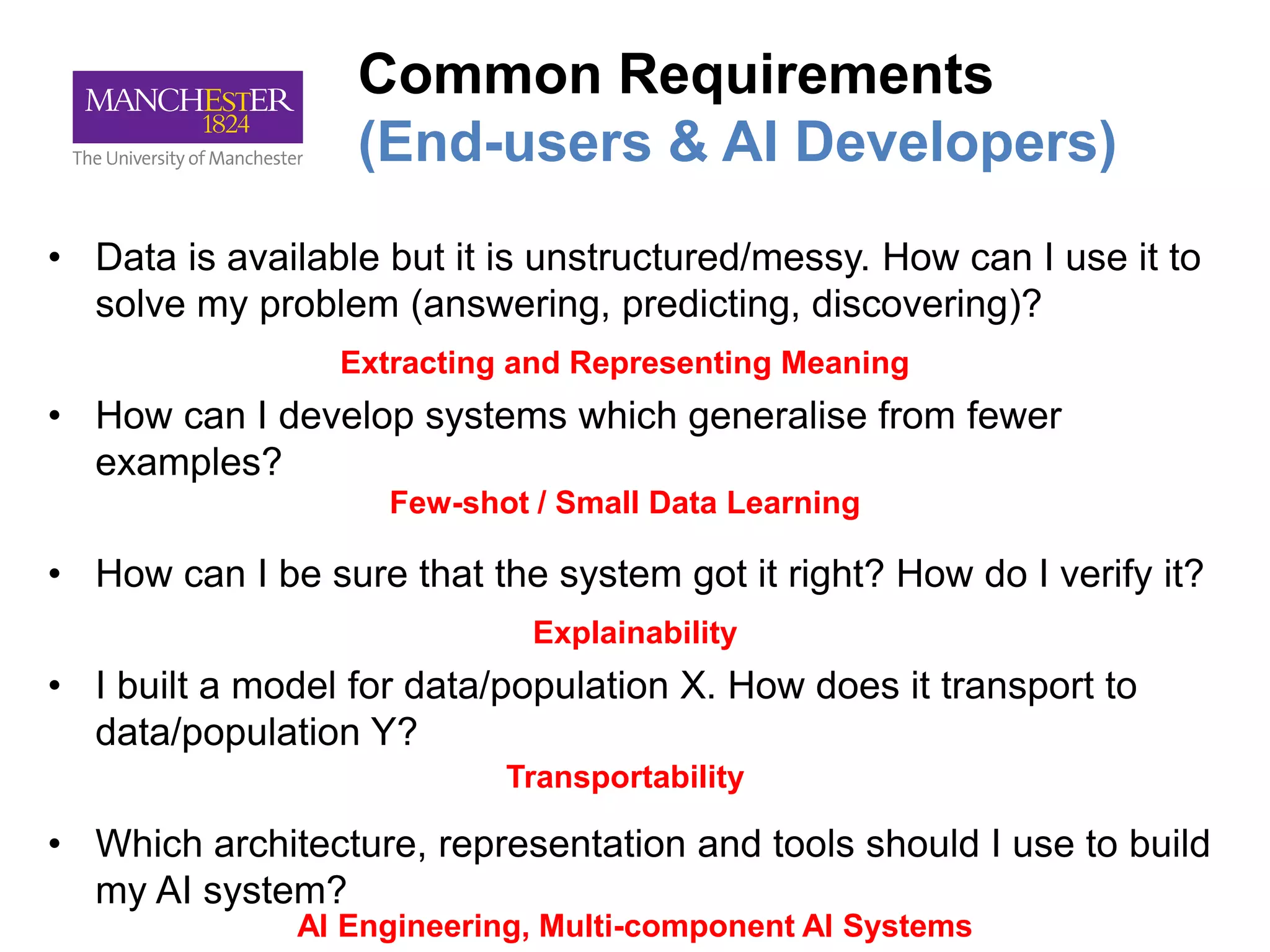 Common Requirements
(End-users & AI Developers)
• Data is available but it is unstructured/messy. How can I use it to
solve my problem (answering, predicting, discovering)?
• How can I develop systems which generalise from fewer
examples?
• How can I be sure that the system got it right? How do I verify it?
• I built a model for data/population X. How does it transport to
data/population Y?
• Which architecture, representation and tools should I use to build
my AI system?
Extracting and Representing Meaning
Few-shot / Small Data Learning
Explainability
Transportability
AI Engineering, Multi-component AI Systems
 