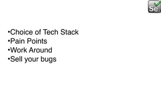 •Choice of Tech Stack
•Pain Points
•Work Around
•Sell your bugs
 