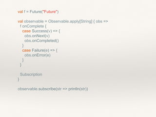 val f = Future("Future")
val observable = Observable.apply[String] { obs =>
f onComplete {
case Success(v) => {
obs.onNext(v)
obs.onCompleted()
}
case Failure(e) => {
obs.onError(e)
}
}
Subscription
}
observable.subscribe(str => println(str))
 
