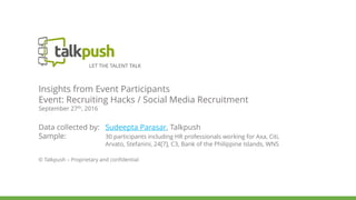 LET THE TALENT TALK
Insights from Event Participants
Event: Recruiting Hacks / Social Media Recruitment
September 27th, 2016
Data collected by: Sudeepta Parasar, Talkpush
Sample: 30 participants including HR professionals working for Axa, Citi,
Arvato, Stefanini, 24[7], C3, Bank of the Philippine Islands, WNS
© Talkpush – Proprietary and confidential
 