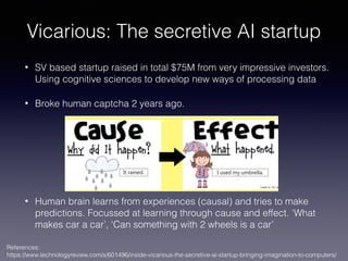 Vicarious: The secretive AI startup
• SV based startup raised in total $75M from very impressive investors.
Using cognitive sciences to develop new ways of processing data
• Broke human captcha 2 years ago.
• Human brain learns from experiences (causal) and tries to make
predictions. Focussed at learning through cause and effect. ‘What
makes car a car’, ‘Can something with 2 wheels is a car’
References: 
https://www.technologyreview.com/s/601496/inside-vicarious-the-secretive-ai-startup-bringing-imagination-to-computers/
 