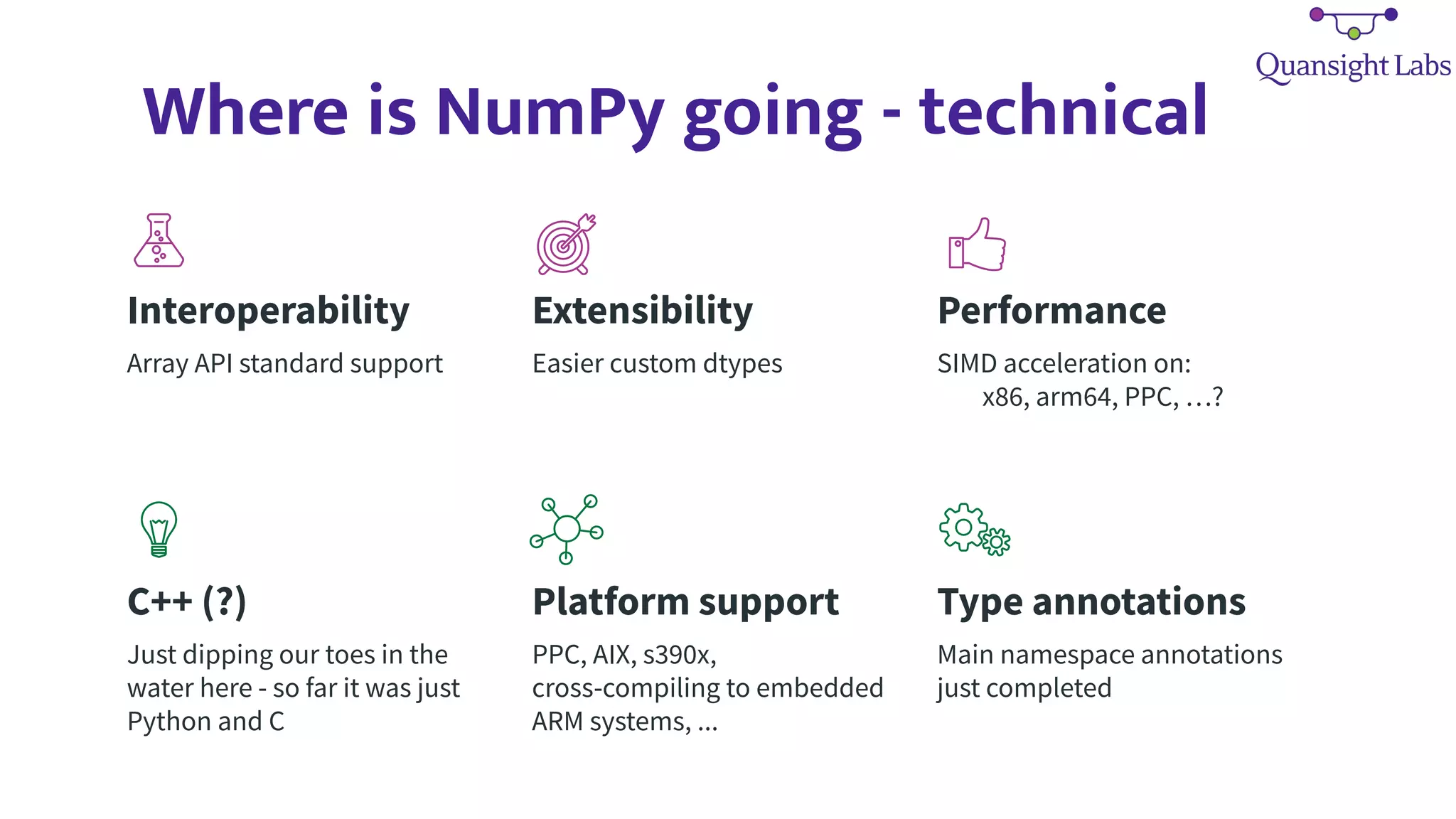Where is NumPy going - technical
Interoperability
Array API standard support
Extensibility
Easier custom dtypes
Performance
SIMD acceleration on:
x86, arm64, PPC, …?
C++ (?)
Just dipping our toes in the
water here - so far it was just
Python and C
Platform support
PPC, AIX, s390x,
cross-compiling to embedded
ARM systems, ...
Type annotations
Main namespace annotations
just completed
 