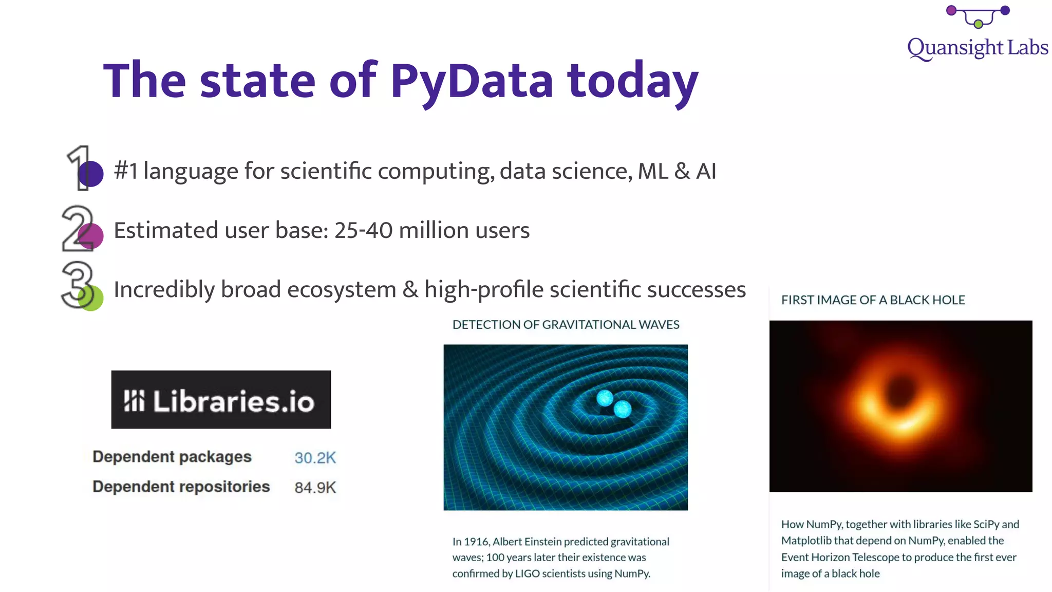 The state of PyData today
#1 language for scientiﬁc computing, data science, ML & AI
Estimated user base: 25-40 million users
Incredibly broad ecosystem & high-proﬁle scientiﬁc successes
 