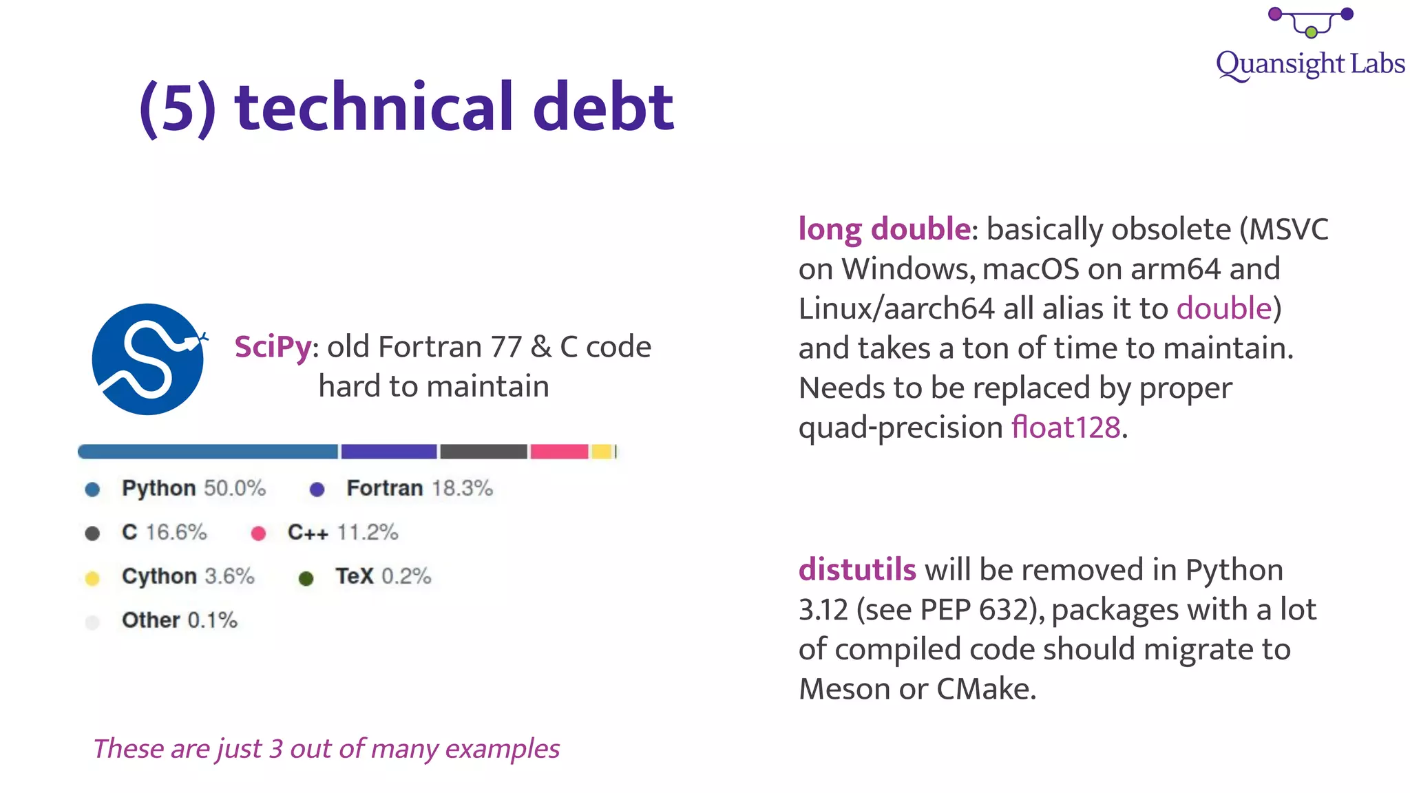(5) technical debt
SciPy: old Fortran 77 & C code
hard to maintain
long double: basically obsolete (MSVC
on Windows, macOS on arm64 and
Linux/aarch64 all alias it to double)
and takes a ton of time to maintain.
Needs to be replaced by proper
quad-precision ﬂoat128.
distutils will be removed in Python
3.12 (see PEP 632), packages with a lot
of compiled code should migrate to
Meson or CMake.
These are just 3 out of many examples
 